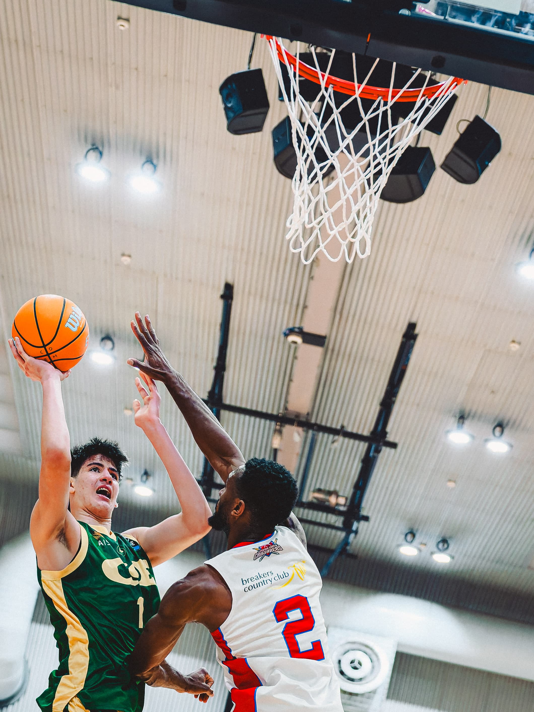 A Centre of Excellence player finishes at the ring over a Central Coast Crusaders defender, shot from beneath the net